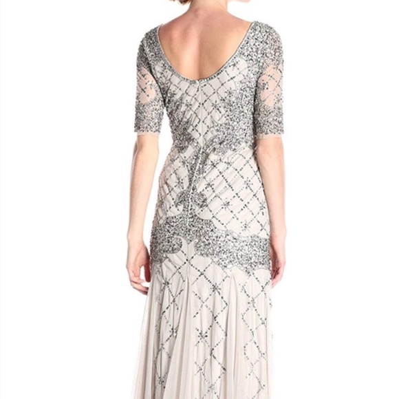 Adrian Papell Fully Beaded Godet Gown with Sheer Sleeves - Picture 2 of 11